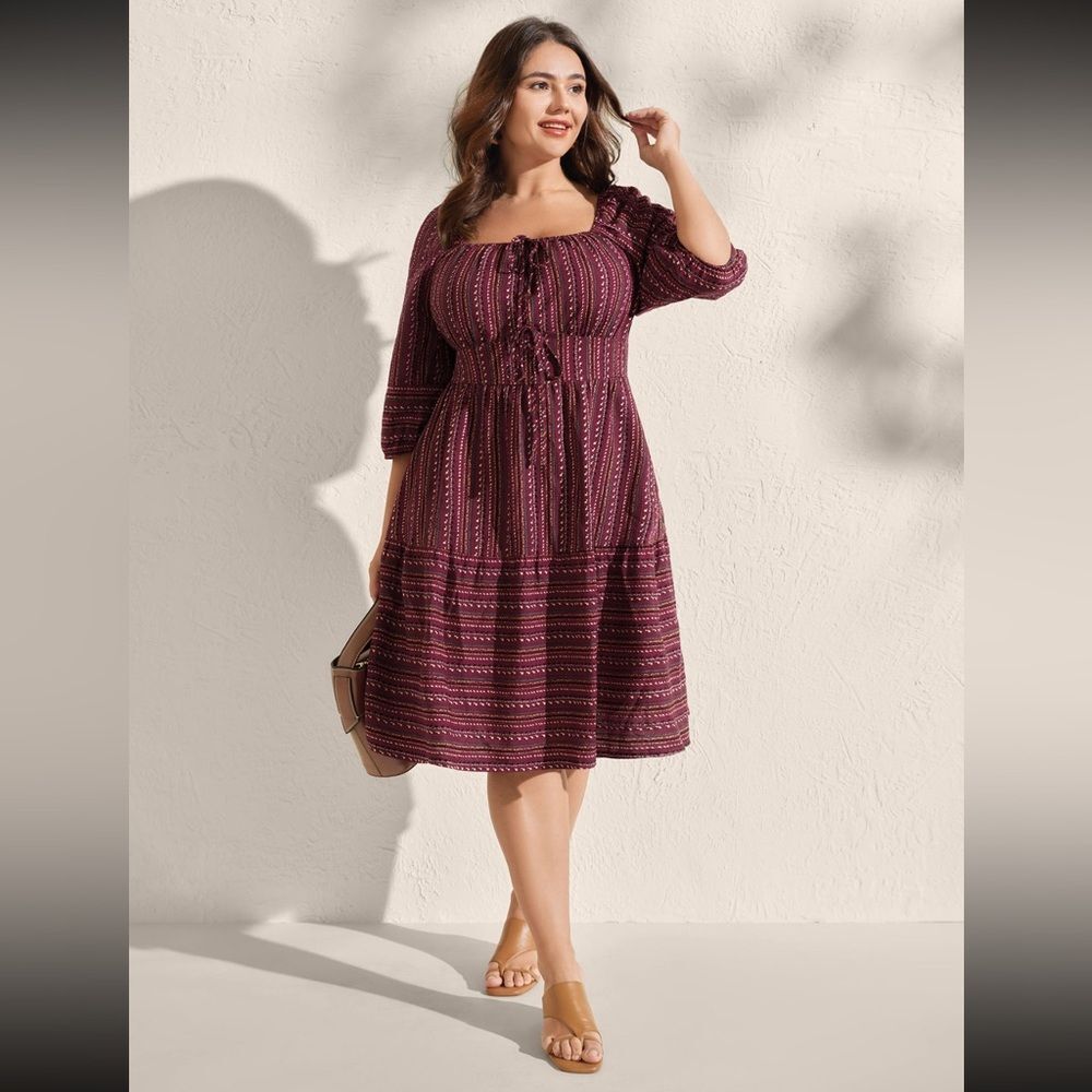 BloomChic Fall Stripes Cinched-Waist Tie Midi Dress – Size 1X - NWT - Picture 3 of 7